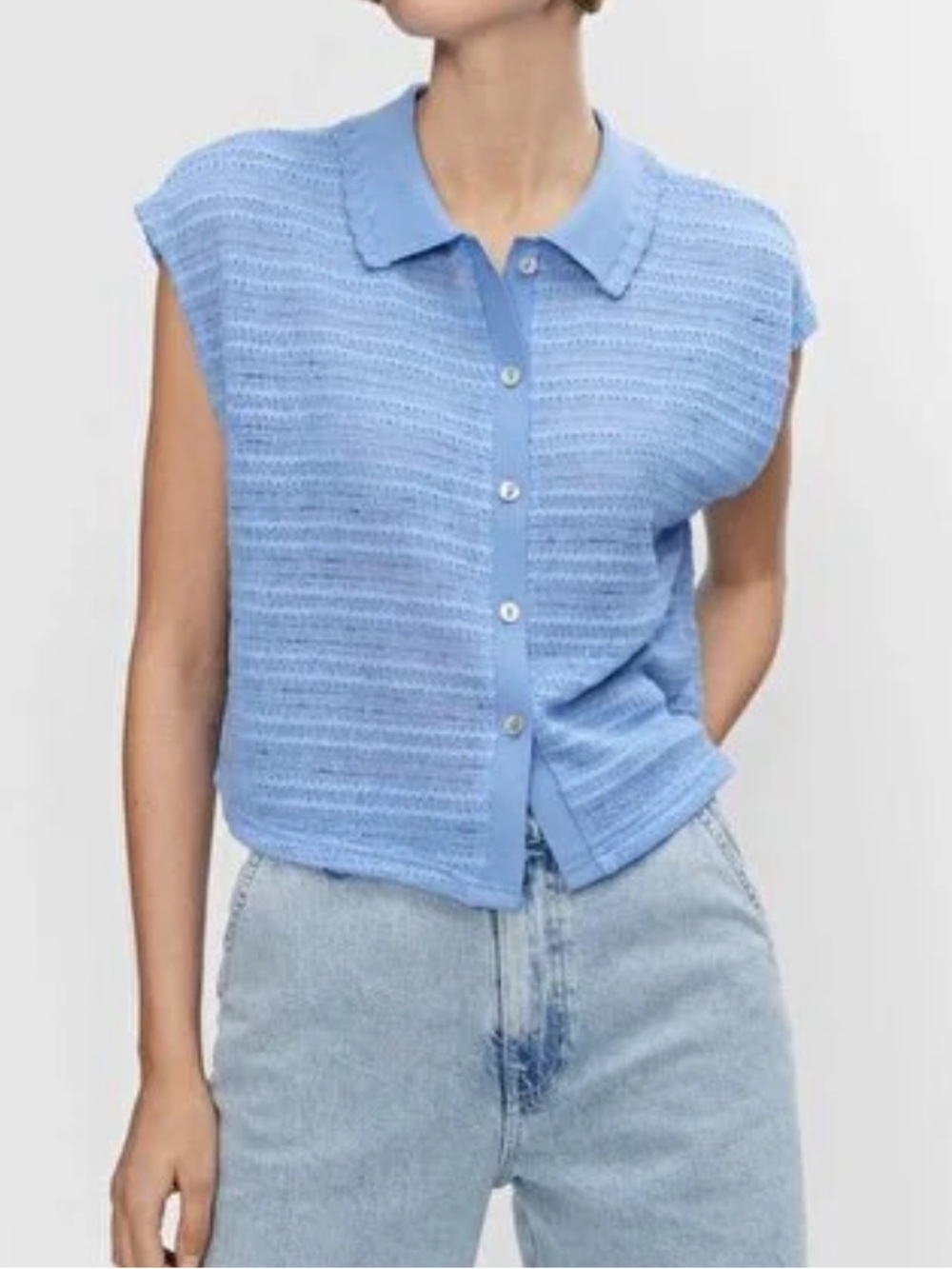 Mango Blue Knit Polo Top Button Front Textured Short Sleeve S